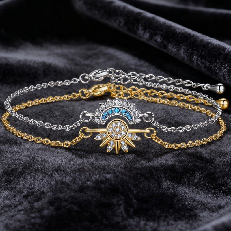 Celestial Sun & Moon Bracelet Collection – Crystal Starburst Chain Bracelet, Minimalist Cosmic Jewelry for Women
