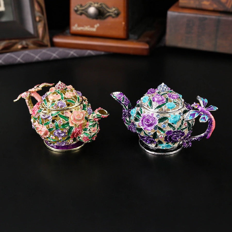 Vintage Floral Teapot Jewelry Box – Hand-Painted Rose Trinket Box, Crystal Enamel Keepsake Organizer, Collectible Tea Party Décor