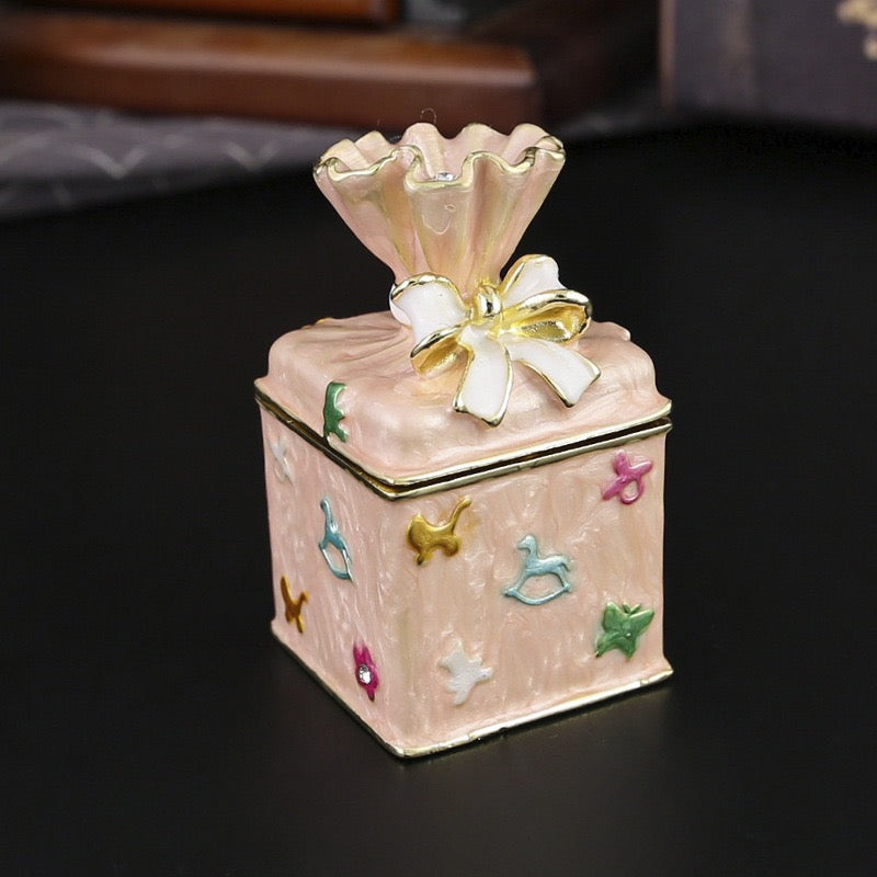 Whimsical Gift Box Jewelry Box – Pink Enamel Keepsake Trinket Box, Vintage Toy Chest Ring Holder, Collectible Decorative Storage Box