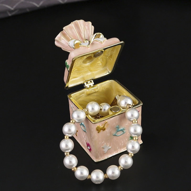Whimsical Gift Box Jewelry Box – Pink Enamel Keepsake Trinket Box, Vintage Toy Chest Ring Holder, Collectible Decorative Storage Box