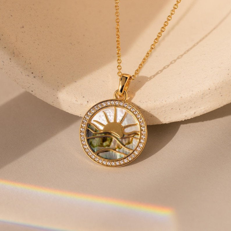 Golden Sunrise Necklace – Mother of Pearl Sun Pendant, Crystal Halo Charm Necklace, Coastal Celestial Jewelry for Women