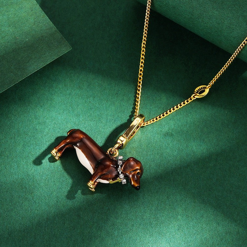 Dachshund Necklace – Enamel Wiener Dog Pendant, Crystal Collar Puppy Charm Necklace, Gold Dog Lover Jewelry Gift