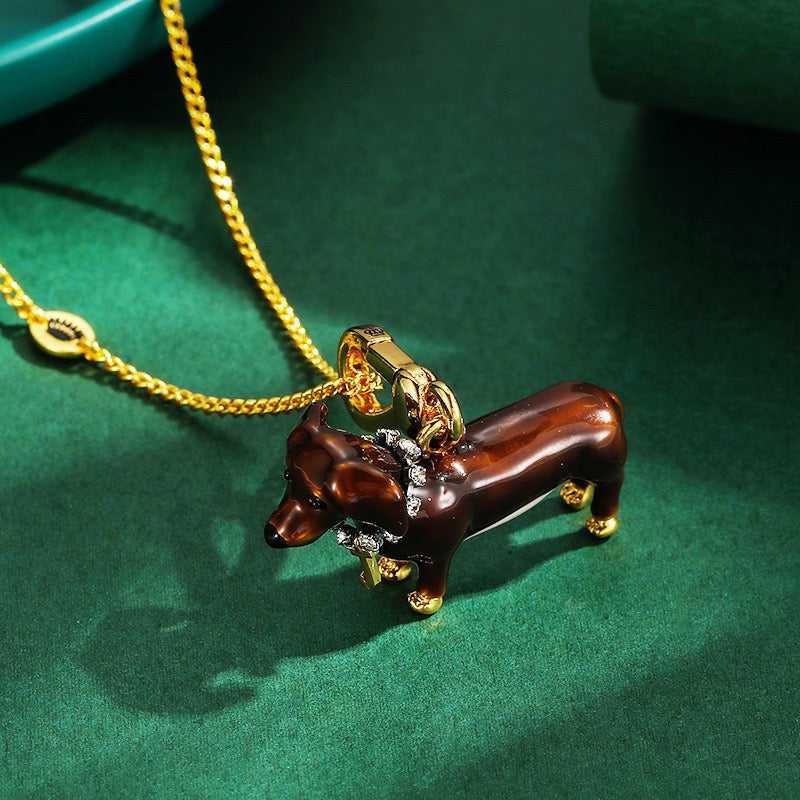 Dachshund Necklace – Enamel Wiener Dog Pendant, Crystal Collar Puppy Charm Necklace, Gold Dog Lover Jewelry Gift