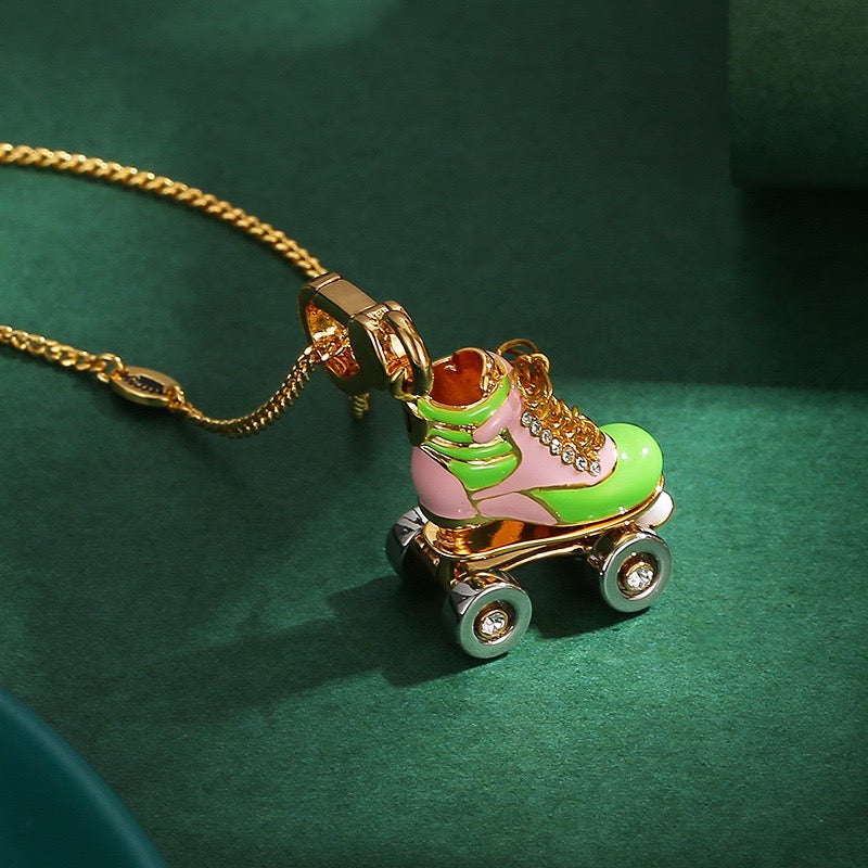 Retro Roller Skate Necklace – Enamel Crystal Skate Charm Pendant, Vintage Disco Roller Skating Jewelry, Fun Gold Necklace for Women