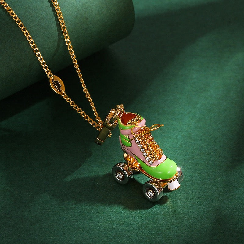 Retro Roller Skate Necklace – Enamel Crystal Skate Charm Pendant, Vintage Disco Roller Skating Jewelry, Fun Gold Necklace for Women
