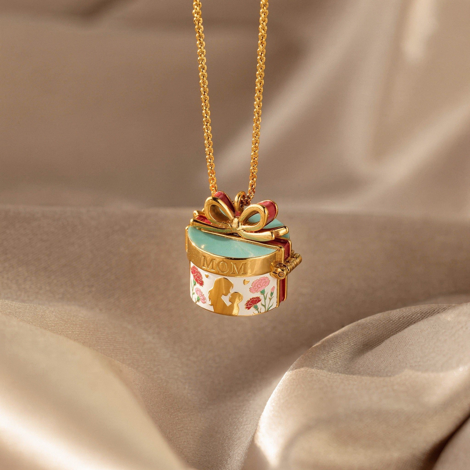 Mom Gift Box Locket Necklace – Mother & Child Keepsake Pendant, Floral Memory Locket, Mother's Day Jewelry Gift for Mom