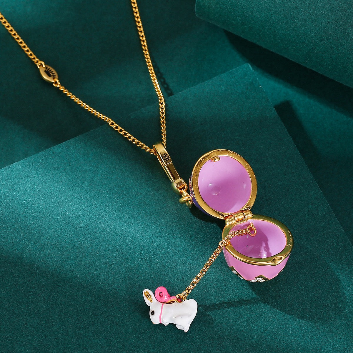 Secret Bunny Surprise Egg Locket Necklace – Enamel Easter Egg Pendant, Hidden Rabbit Charm Necklace, Whimsical Keepsake Jewelry