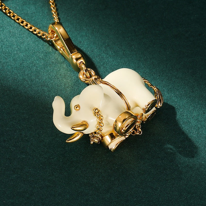 Lucky Elephant Charm Necklace – White Enamel Elephant Pendant, Gold Animal Necklace, Symbol of Wisdom & Good Fortune