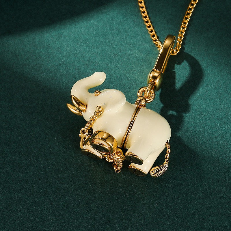 Lucky Elephant Charm Necklace – White Enamel Elephant Pendant, Gold Animal Necklace, Symbol of Wisdom & Good Fortune