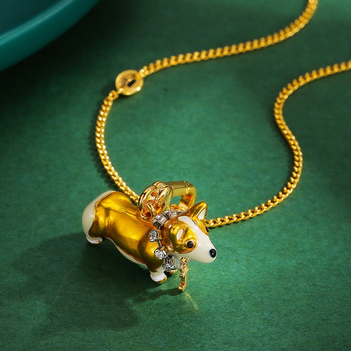 Royal Corgi Charm Necklace – Gold Enamel Corgi Pendant with Crystal Collar, Dog Lover Necklace, Cute Pet Jewelry