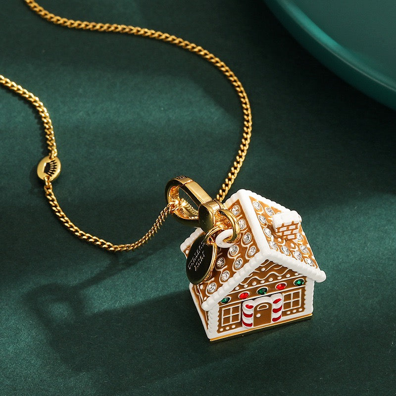 Gingerbread House Charm Necklace – Christmas Cottage Pendant, Holiday Gingerbread Home Necklace, Festive Winter Jewelry
