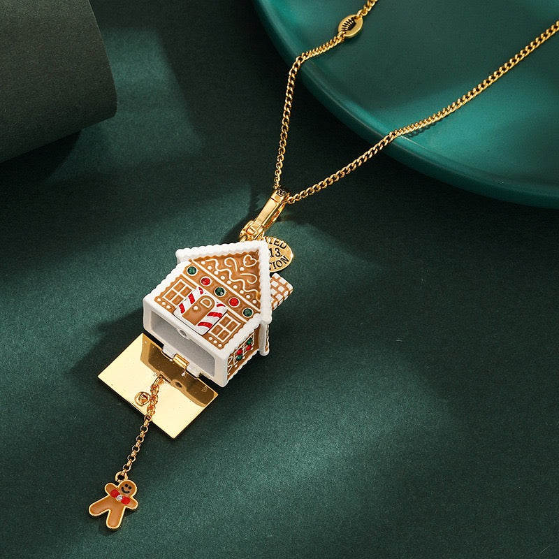 Gingerbread House Charm Necklace – Christmas Cottage Pendant, Holiday Gingerbread Home Necklace, Festive Winter Jewelry