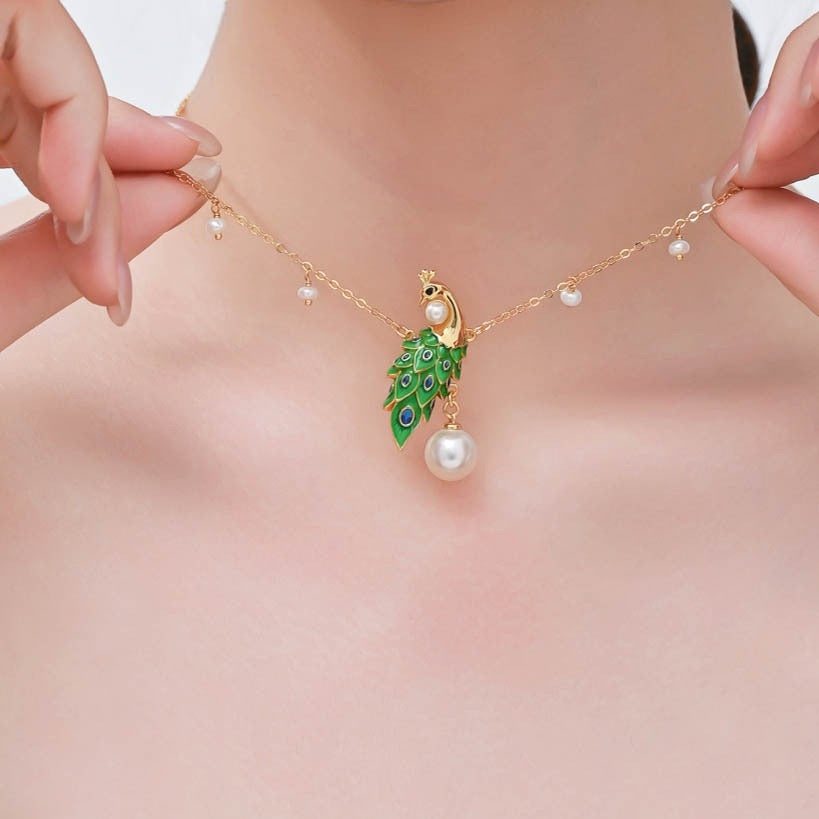 Royal Peacock Pearl Necklace – Enamel Peacock Pendant Necklace, Elegant Bird Jewelry, Symbol of Beauty & Prosperity