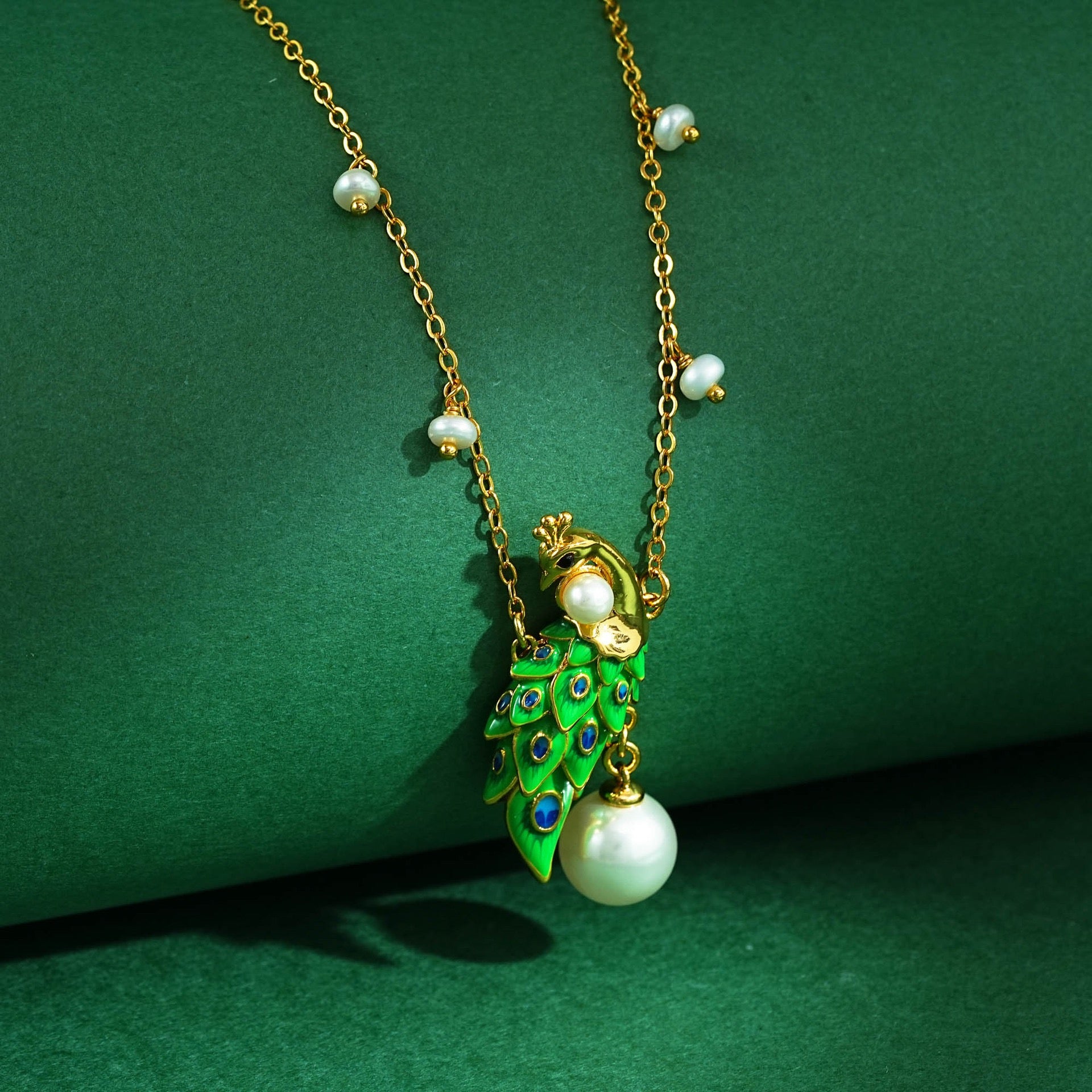 Royal Peacock Pearl Necklace – Enamel Peacock Pendant Necklace, Elegant Bird Jewelry, Symbol of Beauty & Prosperity
