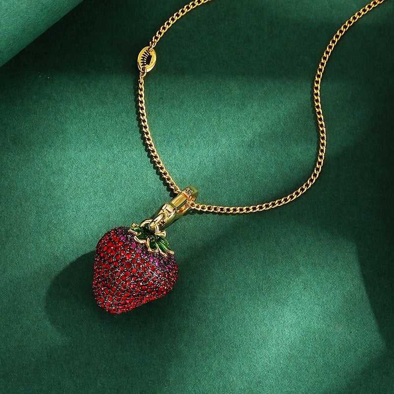 Sparkling Strawberry Charm Necklace – Crystal Fruit Pendant Necklace, Red Rhinestone Strawberry Jewelry, Cute Gold Statement Necklace