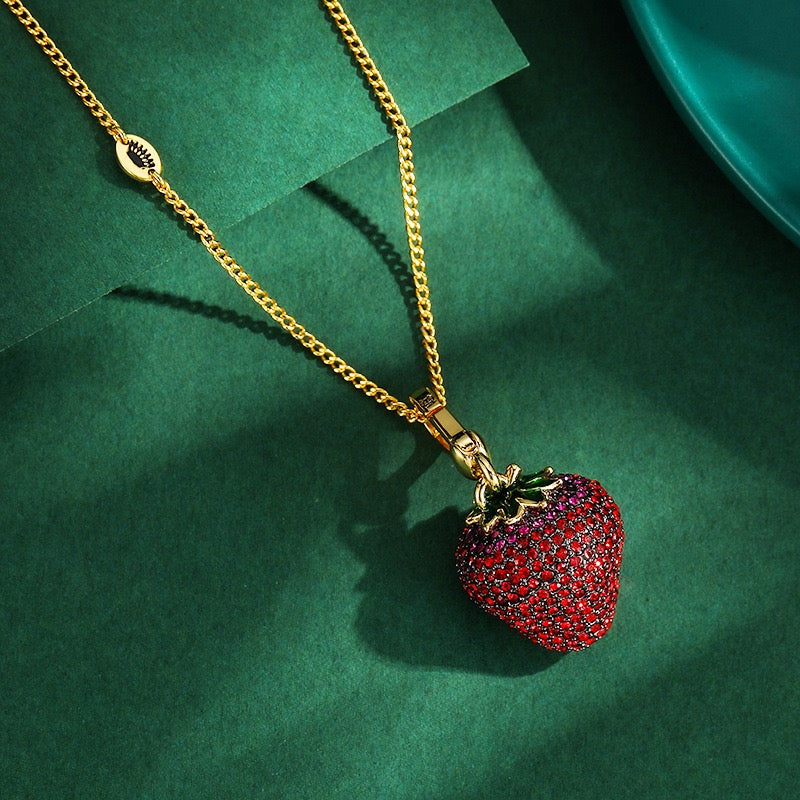 Sparkling Strawberry Charm Necklace – Crystal Fruit Pendant Necklace, Red Rhinestone Strawberry Jewelry, Cute Gold Statement Necklace