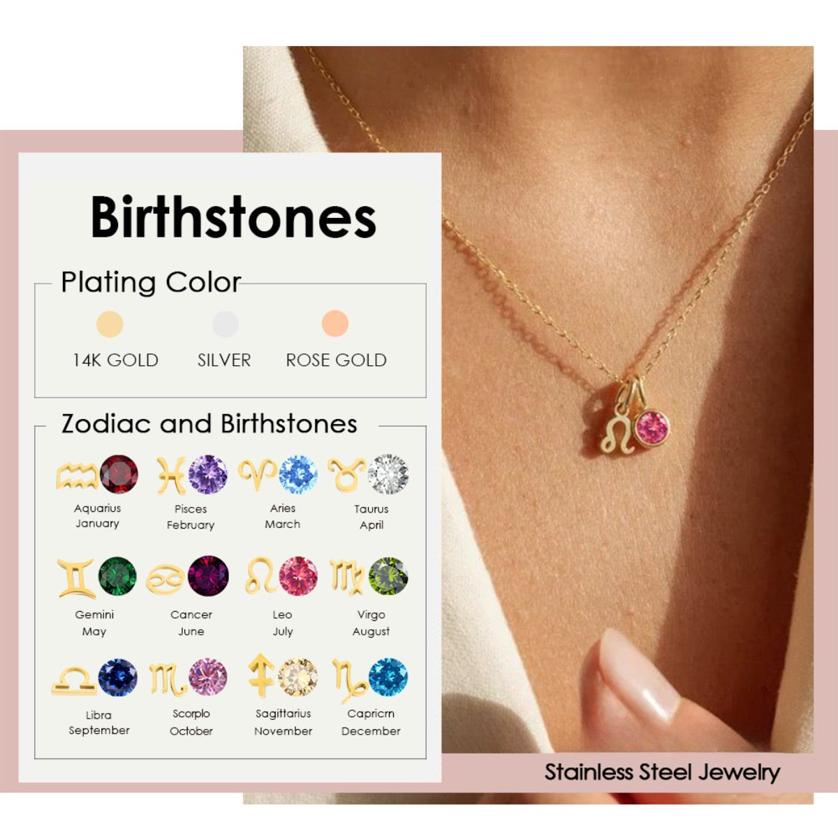 Zodiac Birthstone Necklace Collection – Personalized 12 Zodiac Sign Charm Necklace for Women
