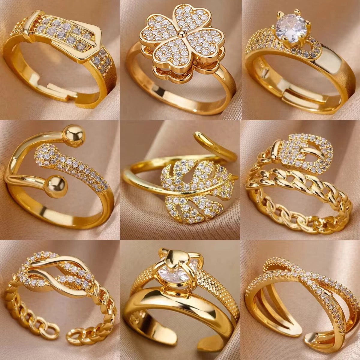 Luxe Crystal Adjustable Ring Collection – Gold-Plated Statement Rings for Women