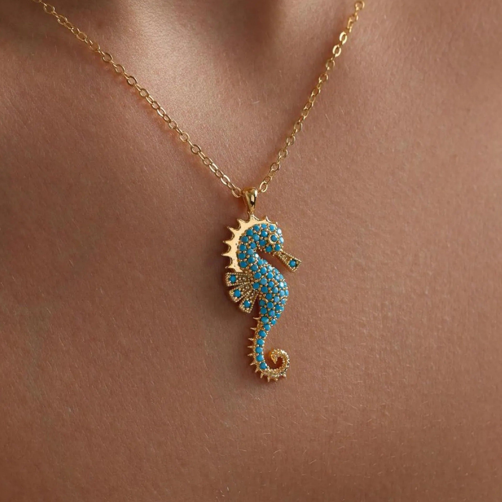 Turquoise Seahorse Necklace – Ocean-Inspired Gold Pendant Necklace for Women