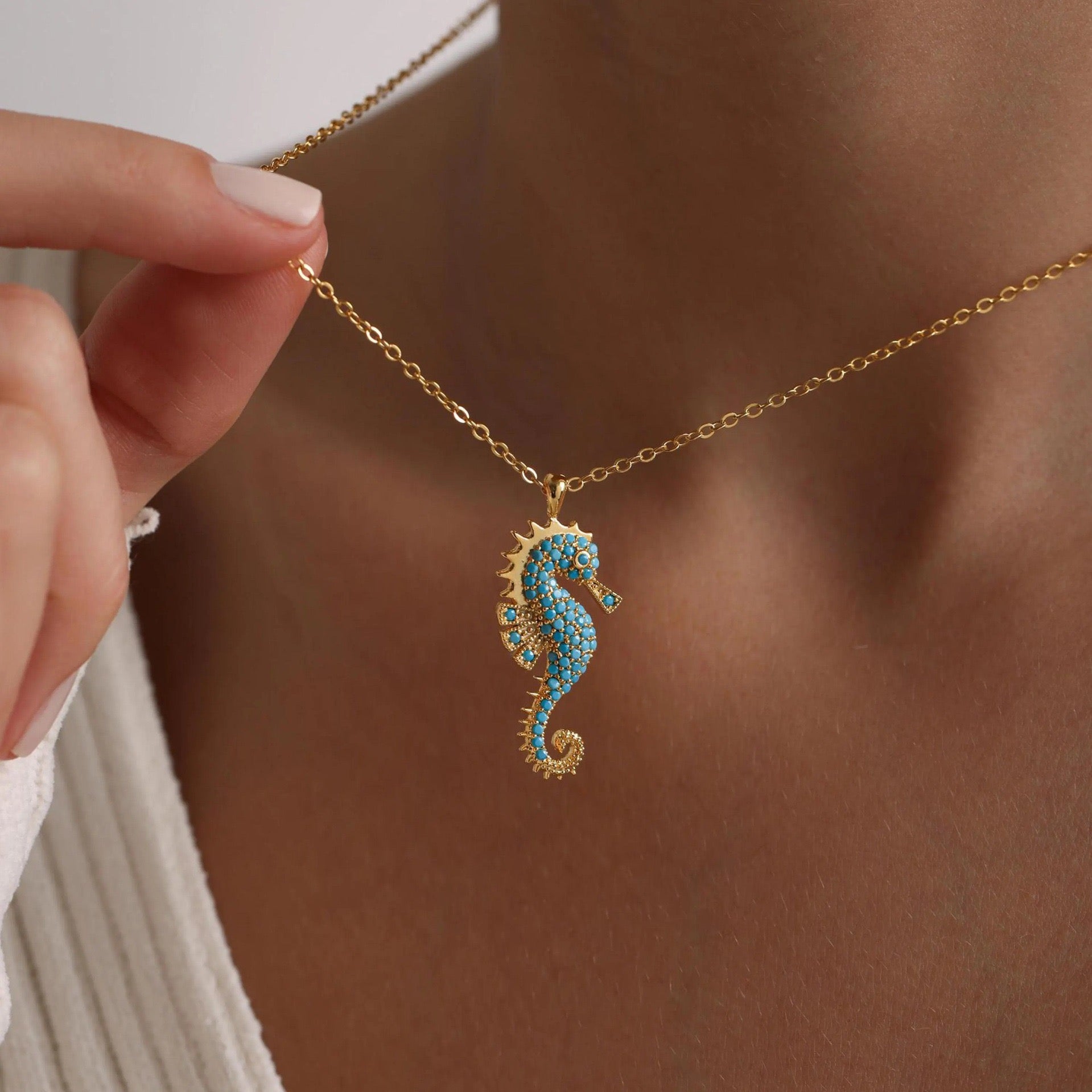 Turquoise Seahorse Necklace – Ocean-Inspired Gold Pendant Necklace for Women