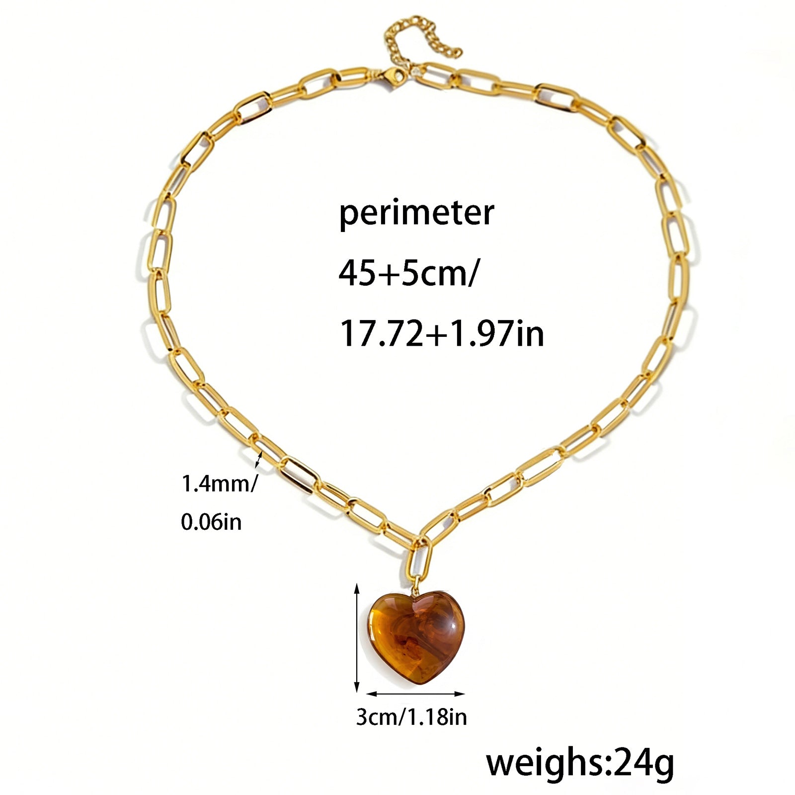 Amber Heart Pendant Necklace Vintage Gold Chain Necklace | Romantic Statement Jewelry | Elegant Everyday Gift