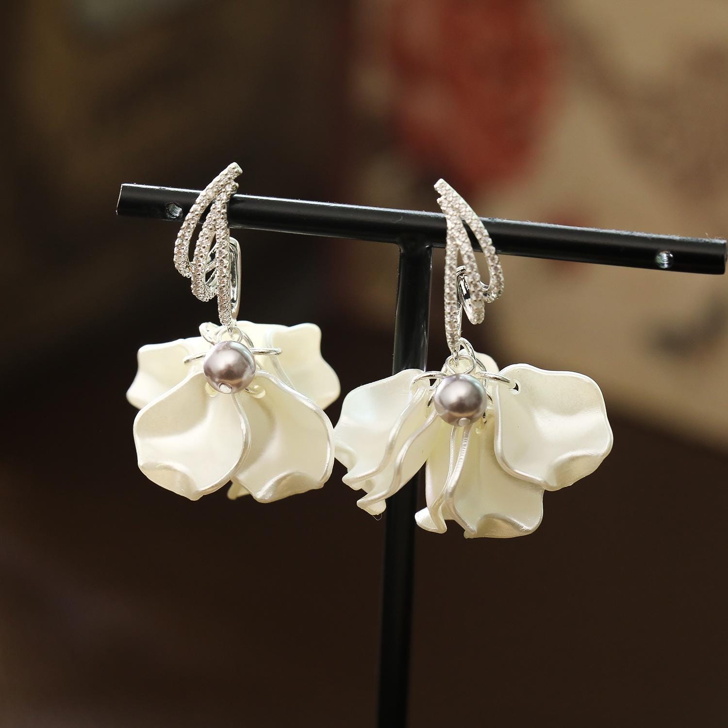 White Petal Drop Earrings – Elegant Floral Dangle Earrings, Minimalist Statement Jewelry for Women