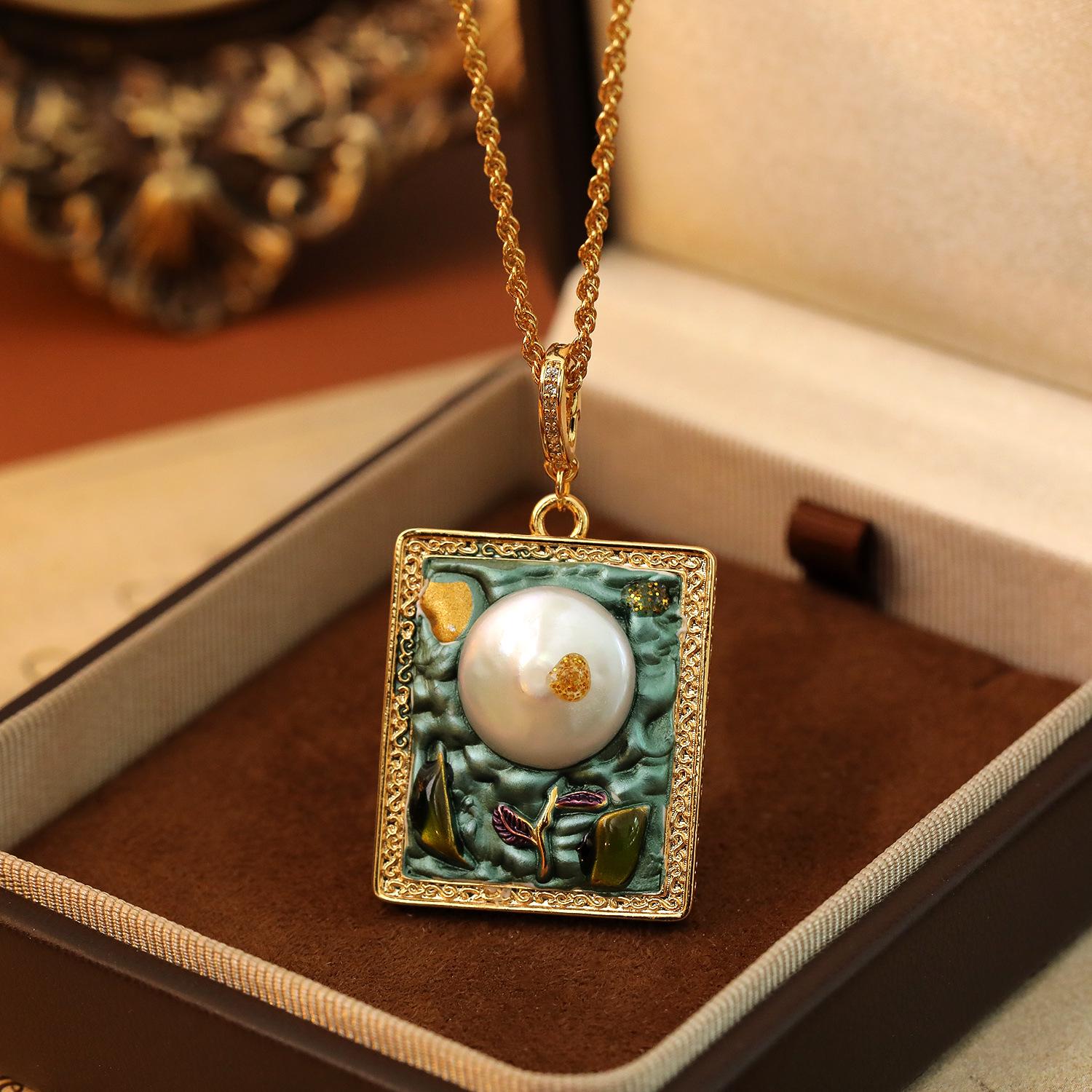 Emerald Oil Painting Pendant Necklace – 3D Inlay, Natural Pearl