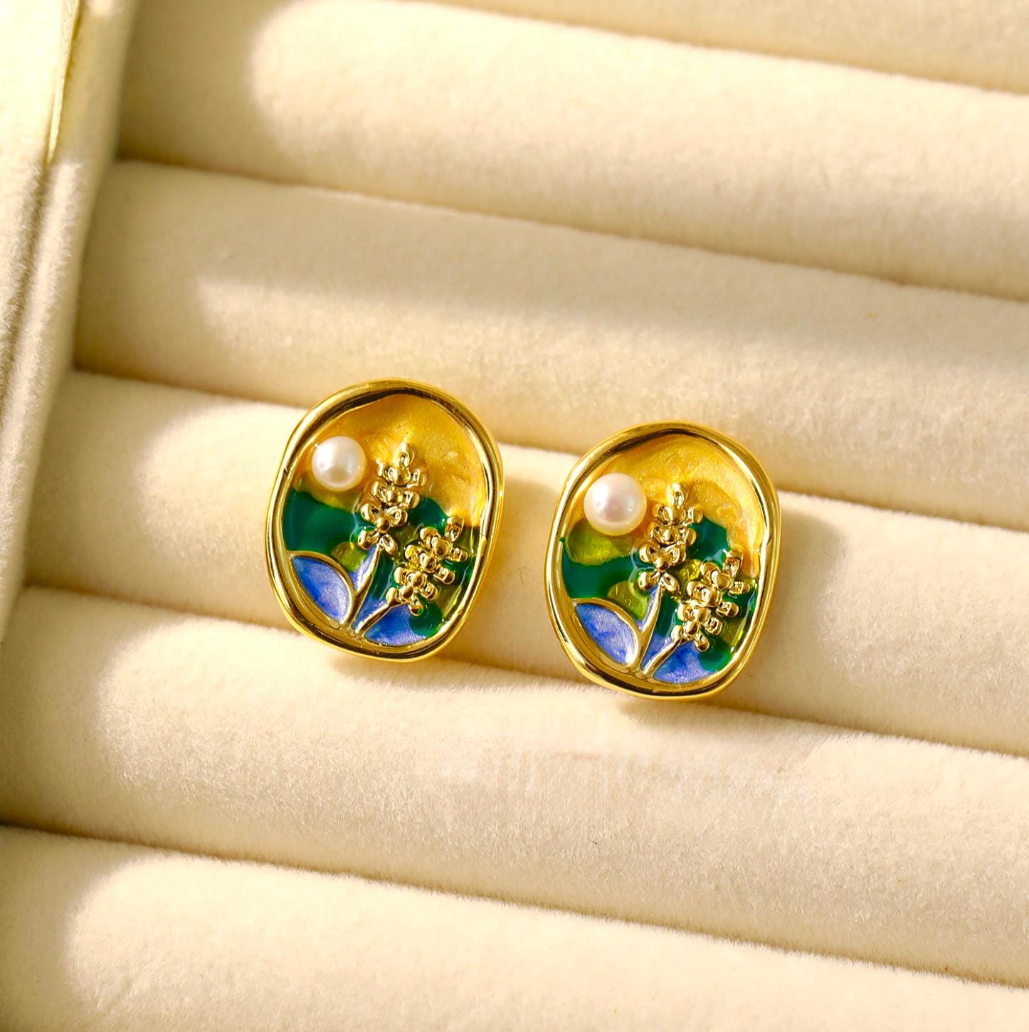 Gold Enamel Floral Natural Pearl Earrings • 18K gold-plated copper• Gifts for Her