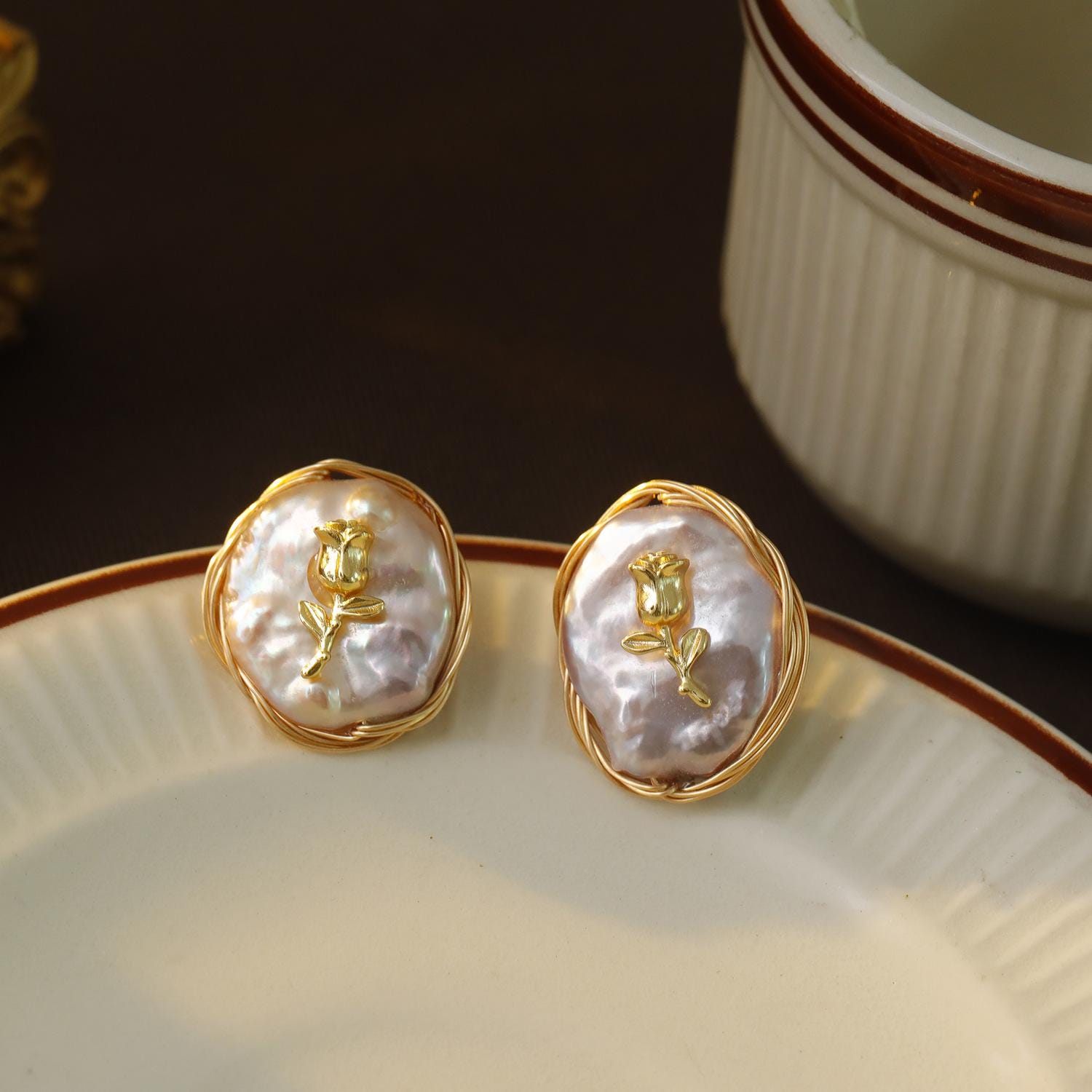 Baroque Pearl Rose Earrings | 18K Gold Plated Studs