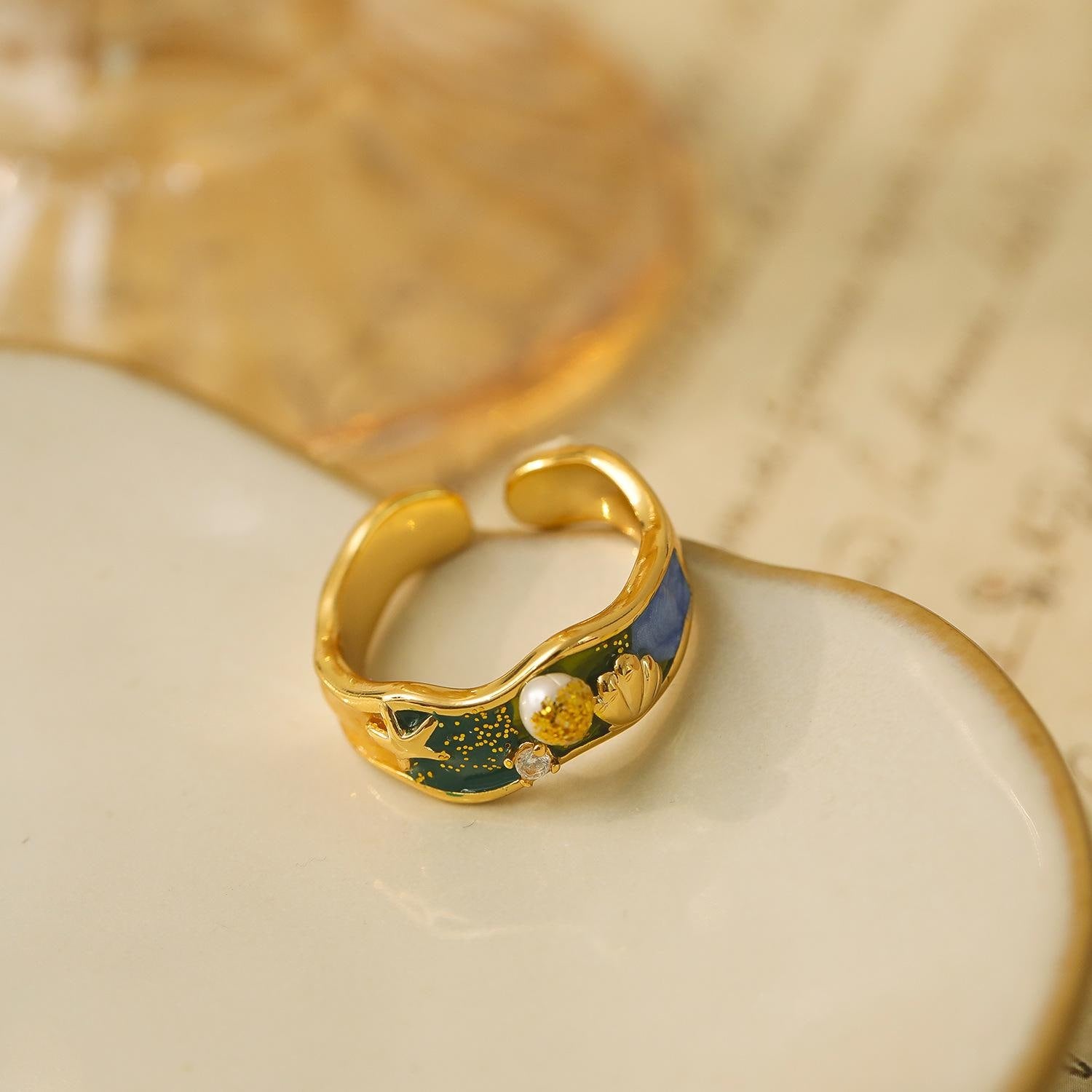Blue Ocean Starfish & Seashell Pearl Ring – Summer Dopamine Color Enamel Statement Ring for Women