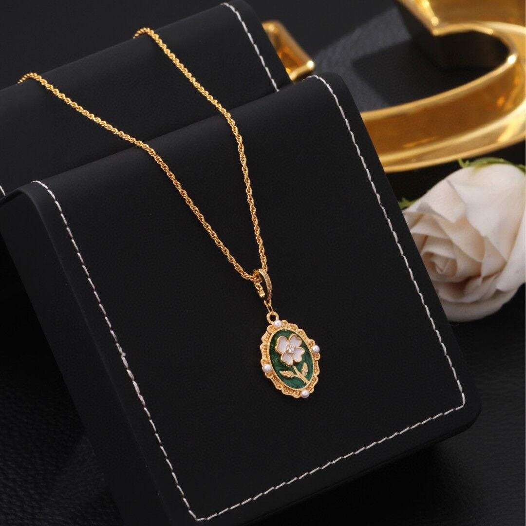 French Enamel Flower Pendant Necklace – Vintage Floral Sweater Chain Statement Jewelry