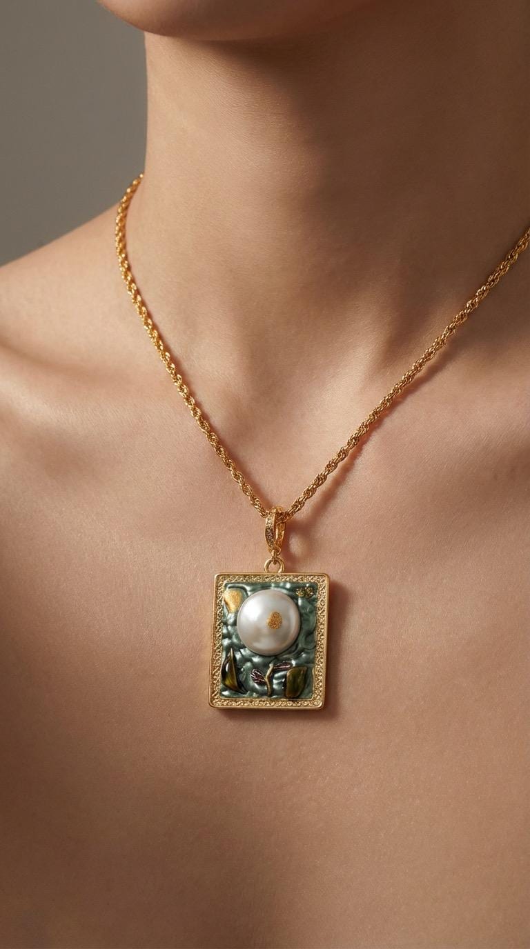 Emerald Oil Painting Pendant Necklace – 3D Inlay, Natural Pearl